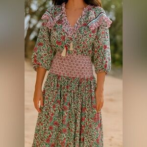 Diane Freis Colorful Floral Flower Striped Sleeve Dress